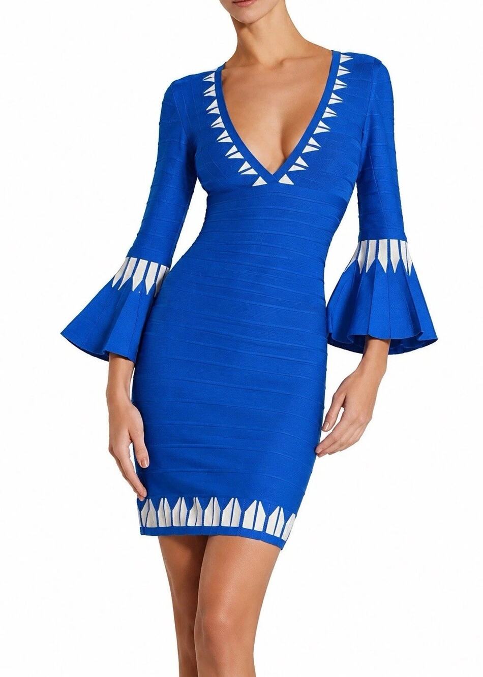 NWT Herve Leger Max Azria Blue Bandage Bodycon Bell Sleeve Dress S